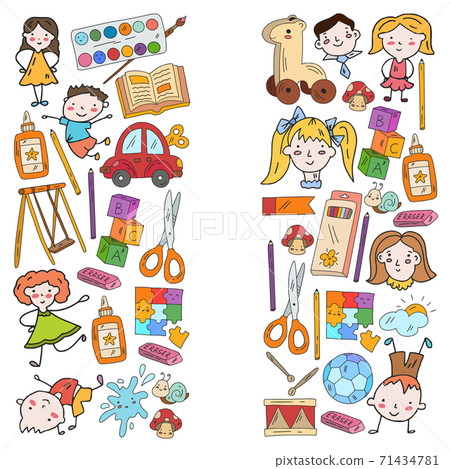 Kindergarten. Vector pattern with toys and small children. Preschool education. 71434781