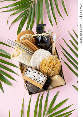 Zero waste beauty body care items on color paper background Zero waste beauty body care items on color paper background 71434798