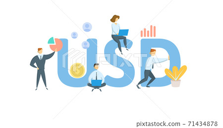 USD, US dollar currency designation. Concept with keywords, people and icons. Flat vector illustration. Isolated on white. USD, US dollar currency designation. Concept with keywords, people and icons. Flat vector illustration. Isolated on white. 71434878