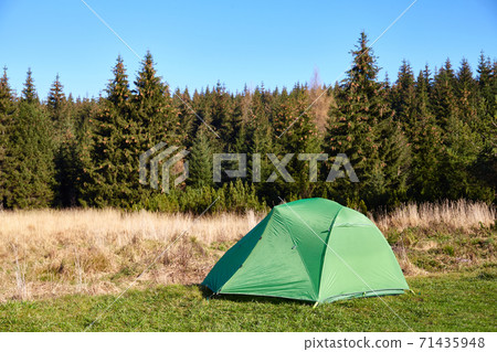Green tent on a meadow by the edge of a mountain forest. 71435948