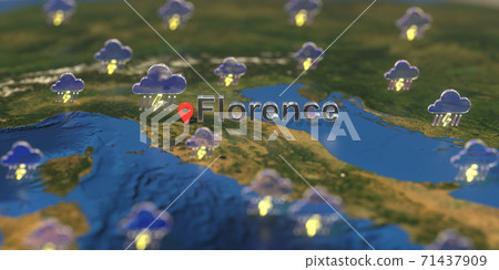 Stormy weather icons near Florence city on the map, weather forecast related 3D rendering Stormy weather icons near Florence city on the map, weather forecast related 3D rendering 71437909