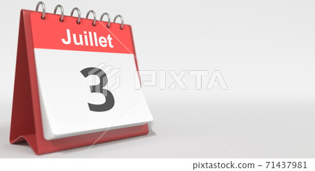 July 3 date written in French on the flip calendar page, 3d rendering 71437981
