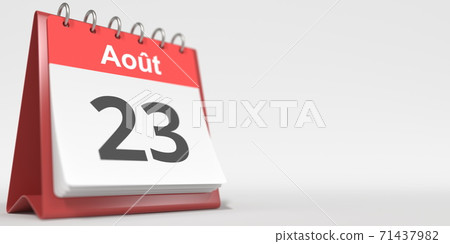 August 23 date written in French on the flip calendar page, 3d rendering 71437982