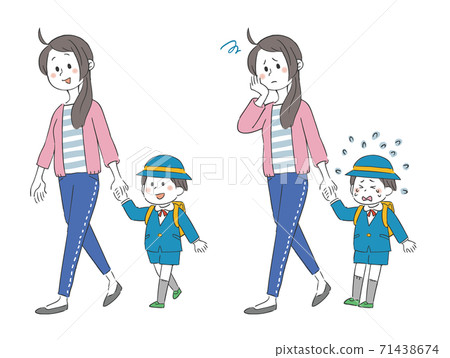 Mother and kindergarten set walking hand in hand Mother and kindergarten set walking hand in hand 71438674