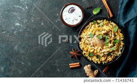 Pakistani chicken biryani rice, topview copy space 71438741