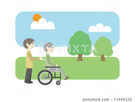 Elderly man in a wheelchair and a caregiver 71440320