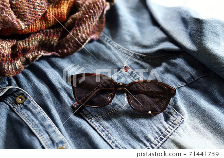 Denim shirt, knit snood and sunglasses autumn outfit fashion 71441739