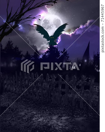 A suspiciously shining full moon, a silhouette of a flying owl and a landscape painting of a lonely ruin A suspiciously shining full moon, a silhouette of a flying owl and a landscape painting of a lonely ruin 71445967