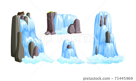 Waterfall cascades in mountains for paradise landscapes. Set of water cascades splasing down from the river isolated in white background. Vector illustration 71445969