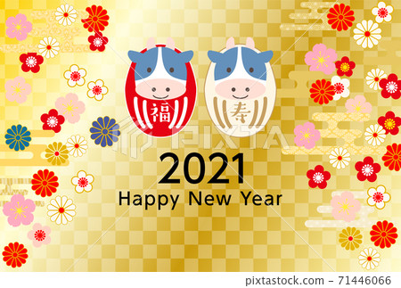 2021 Ox New Year's card Daruma-Japanese pattern golden background 71446066