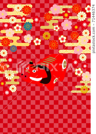 2021 Ox New Year's card Akabeko-Japanese pattern red background 71446374