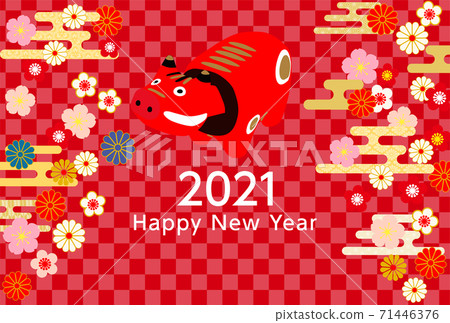 2021 Ox New Year's card Akabeko-Japanese pattern red background 71446376