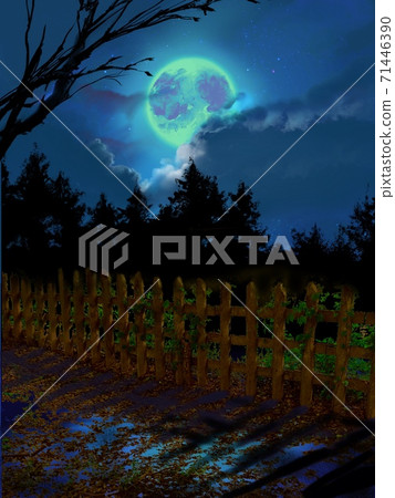 風景如畫的發光的可疑月亮，廢墟和荒涼的西方墓地 71446390