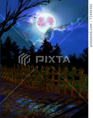 風景如畫的發光的可疑月亮，廢墟和荒涼的西方墓地 71446392