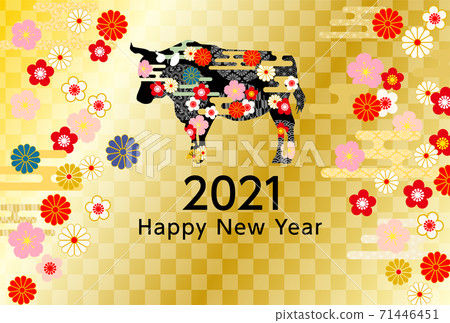2021 Ox New Year's card-golden Japanese pattern background 2021 Ox New Year's card-golden Japanese pattern background 71446451