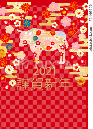 2021 Ox New Year's card-red Japanese pattern background 2021 Ox New Year's card-red Japanese pattern background 71446496