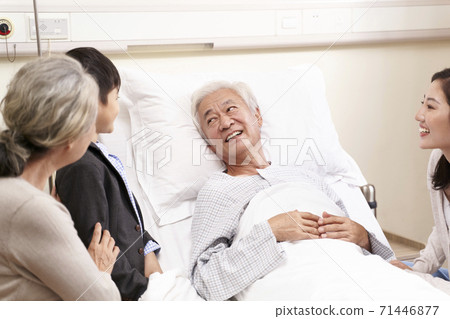 asian old man lying in hospital bed getting a visit from relatives asian old man lying in hospital bed getting a visit from relatives 71446877
