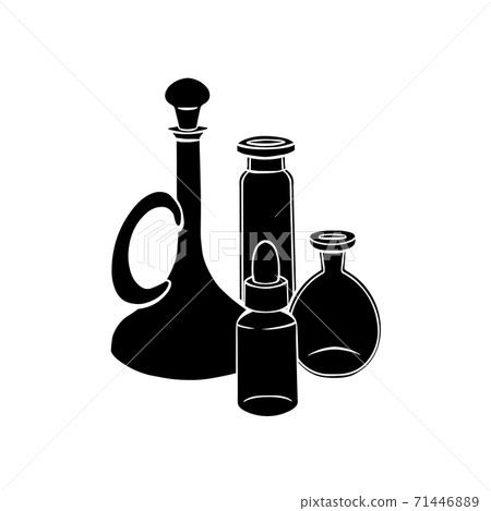 Natural medicine and medicine. Perfumes and oils. Black silhouette of small bottles, flasks on a white background. Vector object 71446889