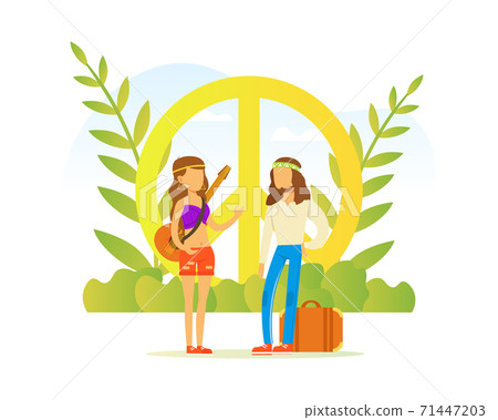 Hippie People Characters, Couple Wearing Retro Clothes of the 60s and 70s Standing at Peace Style Vector Illustration Hippie People Characters, Couple Wearing Retro Clothes of the 60s and 70s Standing at Peace Style Vector Illustration 71447203