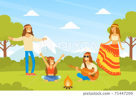 Hippie Characters, Group of Young Men and Women Playing Guitar and Dancing on on Nature, Happy People Wearing Retro Clothes of the 60s and 70s Vector Illustration Hippie Characters, Group of Young Men and Women Playing Guitar and Dancing on on Nature, Happy People Wearing Retro Clothes of the 60s and 70s Vector Illustration 71447209