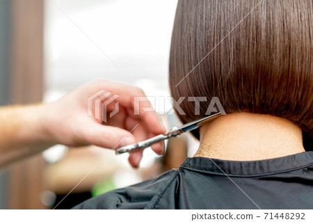 Hairdresser cuts hair tips. 71448292