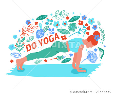 Women exercising yoga flat color trend vector card. Do yoga meditation practice cartoon style. Exercise workout background. Healthy lifestyle morning fitness activities pictures. Women exercising yoga flat color trend vector card. Do yoga meditation practice cartoon style. Exercise workout background. Healthy lifestyle morning fitness activities pictures. 71448339