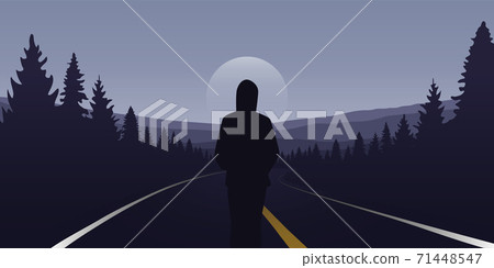 girl stad on the asphalt road and looks to the mountains girl stad on the asphalt road and looks to the mountains 71448547