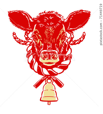 Note: The face of a black-haired cow calf with a cowbell with a continuous decoration specification, drawn with a brush and painted in two colors Note: The face of a black-haired cow calf with a cowbell with a continuous decoration specification, drawn with a brush and painted in two colors 71449719