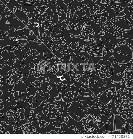 Seamless image. Kindergarten, toys vector pattern. Little children creativity and imagination. Online education, educational games. Seamless image. Kindergarten, toys vector pattern. Little children creativity and imagination. Online education, educational games. 71450871
