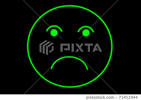 Sad smiley or face in neon outline with green glow on black background showing negative emotions Sad smiley or face in neon outline with green glow on black background showing negative emotions 71452944