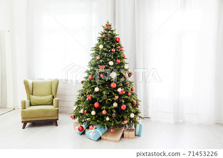 Christmas tree tree branch pine new year decor presents white background box place for inscription Christmas tree tree branch pine new year decor presents white background box place for inscription 71453226