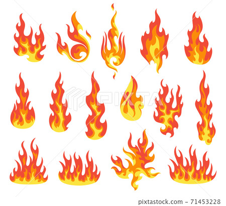 Set of red and orange fire flame. Flames of different shapes. Fireball set, flaming symbols. Idea of energy and power. Collection of hot flaming element. Vector icons in cartoon style 71453228
