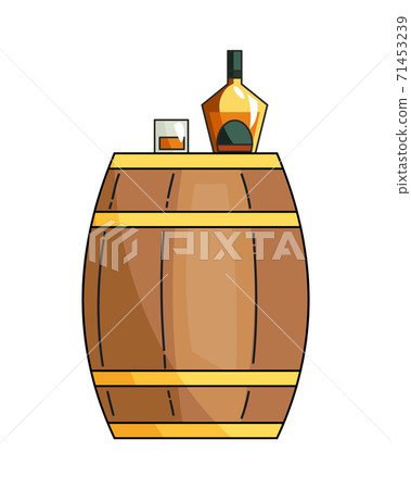 Vector whiskey symbols set. Glass bottle, glass of scotch with ice cubes, wooden alcohol barrel icon collection. Alcohol product advertising design Vector whiskey symbols set. Glass bottle, glass of scotch with ice cubes, wooden alcohol barrel icon collection. Alcohol product advertising design 71453239