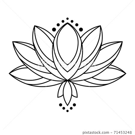 Lotus icon. Monochrome blooming flower. Black linear petals of plant on white background. Blossom, aquatic plant vector element for web. Coloring style Lotus icon. Monochrome blooming flower. Black linear petals of plant on white background. Blossom, aquatic plant vector element for web. Coloring style 71453248