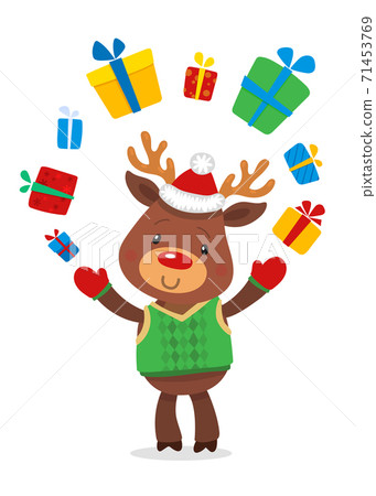 Santas Reindeer Rudolph and Gifts. Vector illustrations of Reindeer Rudolf Isolated on White Background 71453769
