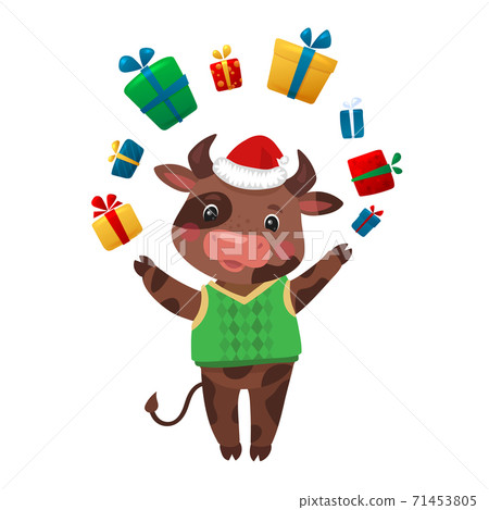 Happy New Year Cartoon Cows Character. Cow holding gift boxes celebrating the 2021. New Year of Ox. Bull Cartoon character in Santa Hat, Funny Animal 71453805