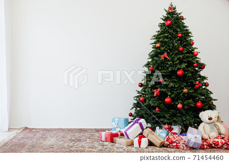 Christmas tree with gift decor for the New Year 2021 holiday winter place for inscription Christmas tree with gift decor for the New Year 2021 holiday winter place for inscription 71454460