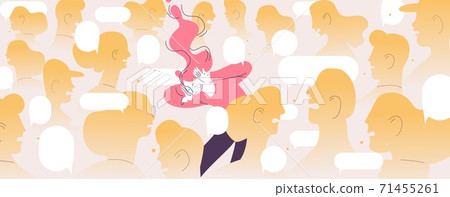 Woman suffers from loudy crowd. Concept character in depreddion because of public condemnation and social media overflow 71455261