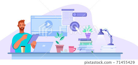 Online education vector illustration with young student studying in internet at home, laptop, desk.  71455429