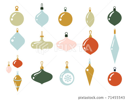 Glass multi-colored balls for the Christmas tree. Xmas glass ball on white background. Holiday decoration template. Vector illustration. Christmas decoration baubles. New year toys. 71455543