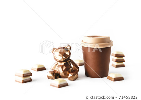 Beautiful chocolate bear with chocolate takeaway cup of coffee on isolated white background. Abstract design template on white backdrop. Food and drink concept. Coffee background. Beautiful chocolate bear with chocolate takeaway cup of coffee on isolated white background. Abstract design template on white backdrop. Food and drink concept. Coffee background. 71455822