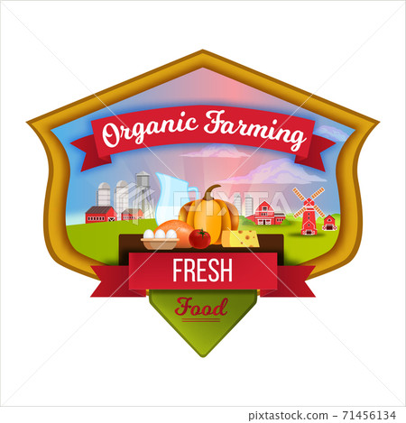 Organic farm fresh food label with milk, dairy... - Stock Illustration ...