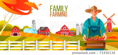 Organic family farming vector illustration with male farmer in hat and apron, mill, hills, fields Organic family farming vector illustration with male farmer in hat and apron, mill, hills, fields 71456138