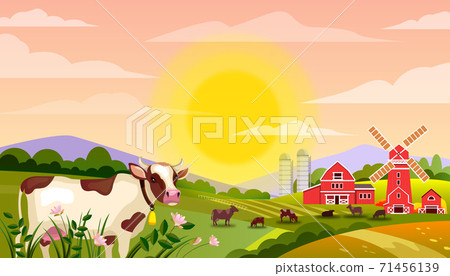 Milk farm vector landscape with bull, green fields, cows, big rising sun, grass, mill. Milk farm vector landscape with bull, green fields, cows, big rising sun, grass, mill. 71456139