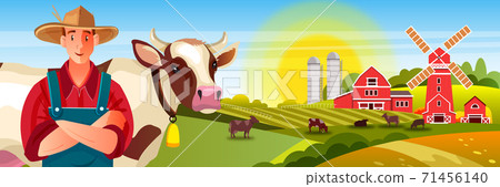 Milk farm vector background with cows, male farmer, green fields, sun, mill, barn. Milk farm vector background with cows, male farmer, green fields, sun, mill, barn. 71456140