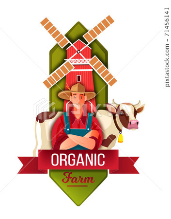 Organic farm market logo with male farmer in hat and apron, cow, windmill.  71456141