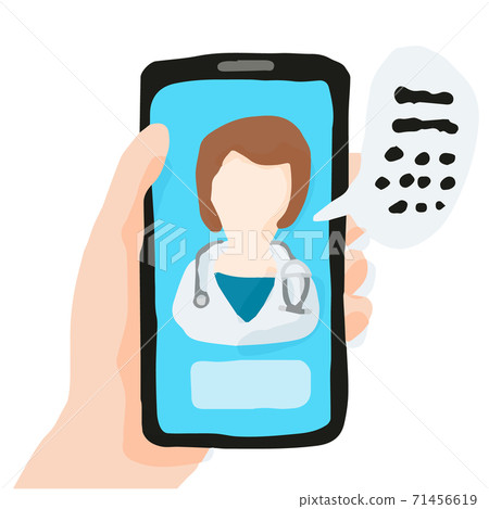 Online consultation with female doctor via smartphone, Hand holding phone; Hand drawn vector illustration like woodblock print Online consultation with female doctor via smartphone, Hand holding phone; Hand drawn vector illustration like woodblock print 71456619
