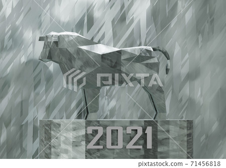 figurine of a simplified polygonal metal bull on a stand, a symbol of the new year 2021, 3d render 71456818