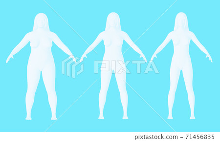 Steps of losing weight woman on blue background from fat to slim. Overweight woman before and after weight loss on white background. 3d render 71456835