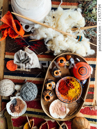 table with fragrant spices of different colors for eating as a background 71457794